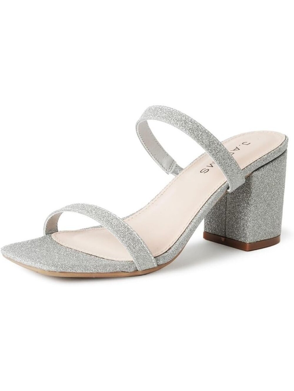 Women's Silver Glitter Summer Flat Mules Square Toe Double Band Low Block Heel